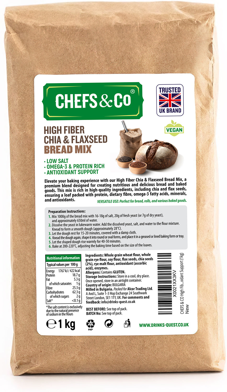 CHEFS & CO High Fiber Chia & Flaxseed Bread Mix 1kg - Omega-3, Protein Rich, Antioxidant Support, Low Salt