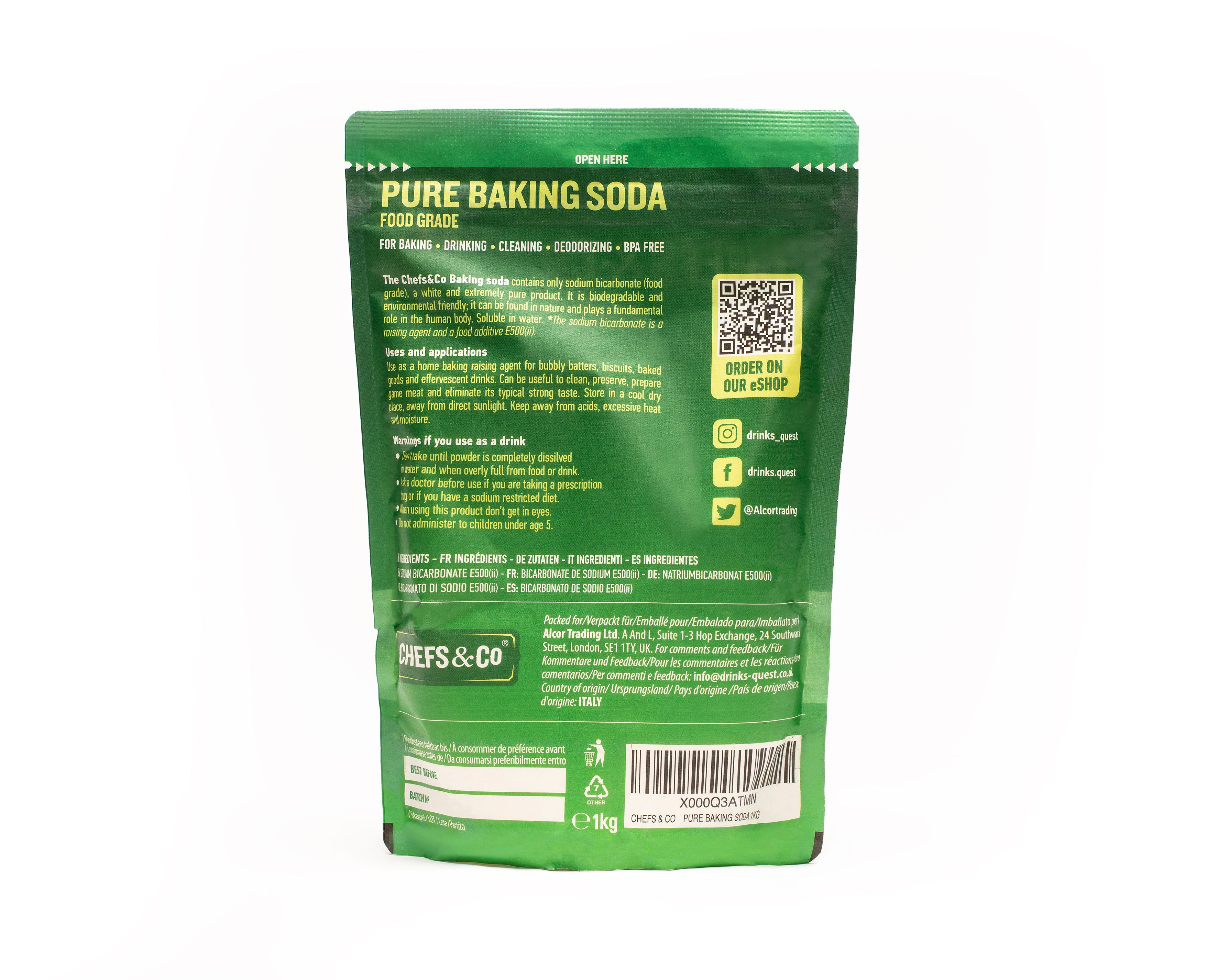 CHEFS & CO Pure Baking Soda - 100% Sodium Bicarbonate, Food Grade, 1 kg