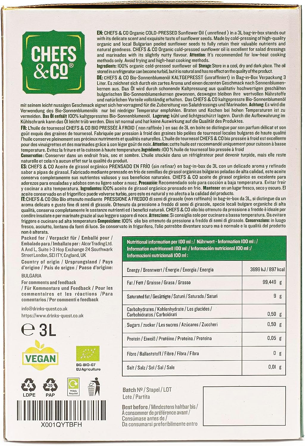 CHEFS & CO Organic Cold-Pressed Sunflower Oil - Unrefined