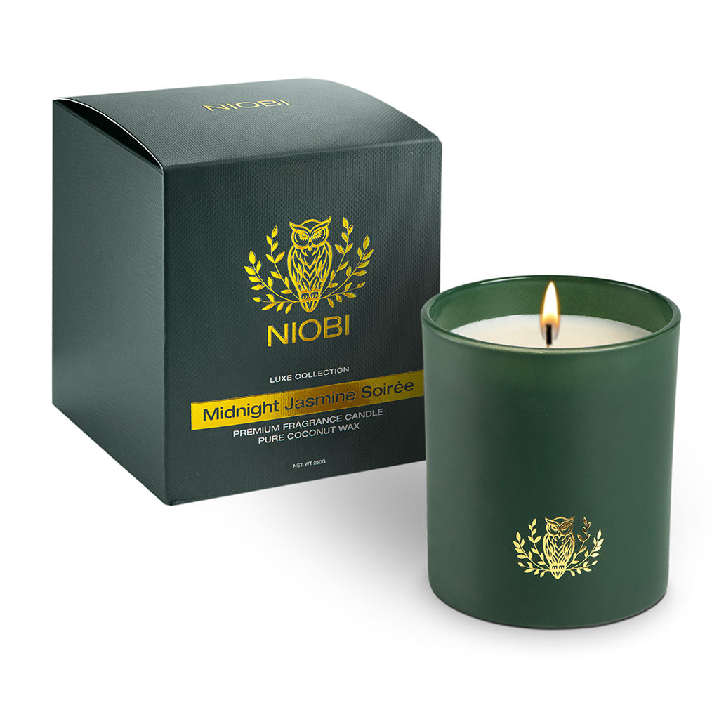 NIOBI Midnight Jasmine Soirée Luxury Scented Candle | Hand-Poured Coconut–Rapeseed Wax | Night-Blooming Jasmine & Amber | 250g