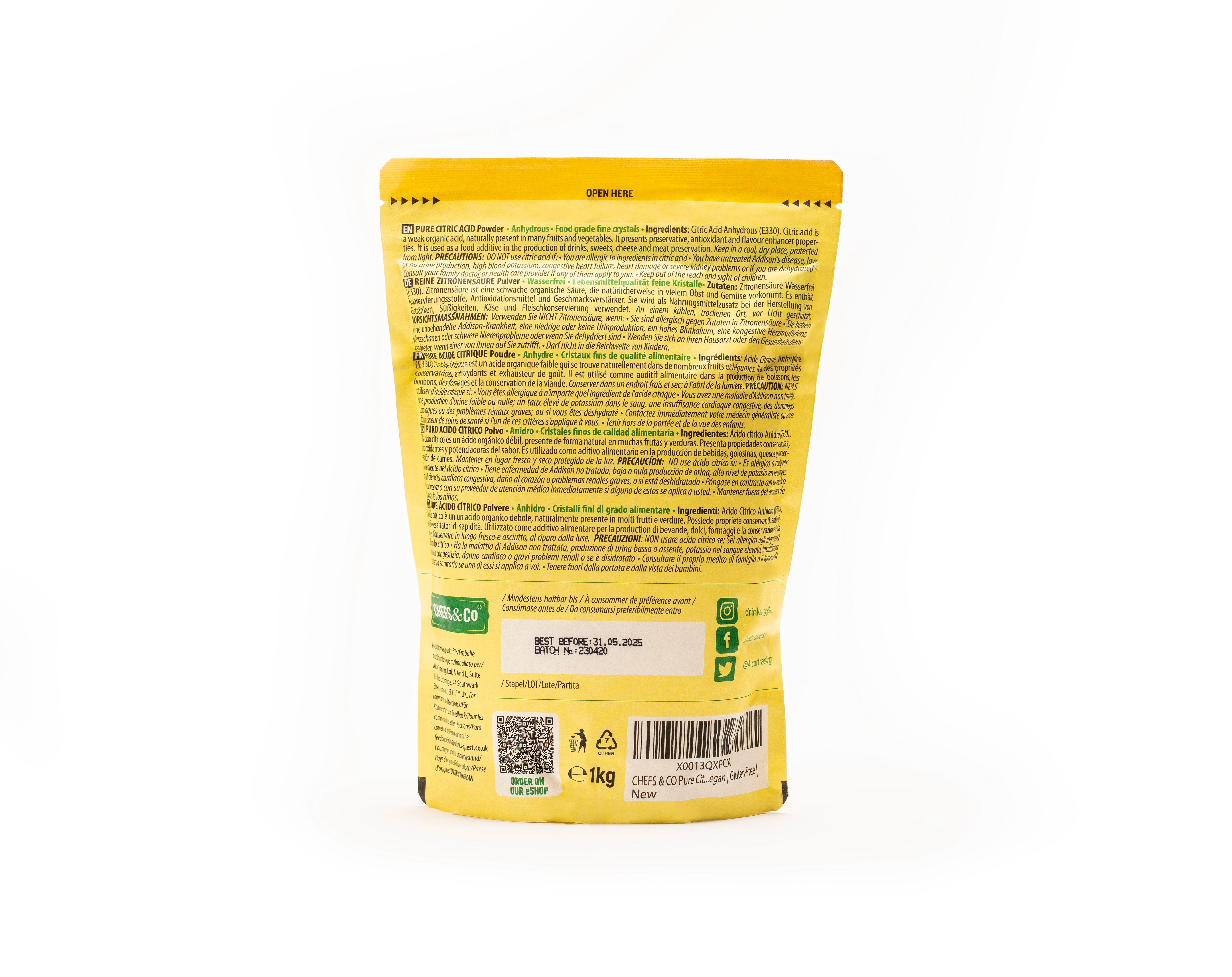 CHEFS & CO Pure Citric Acid (E330) -1kg, Anhydrous, Food Grade