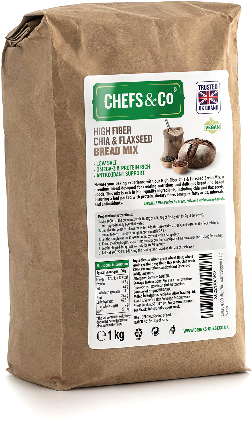 CHEFS & CO High Fiber Chia & Flaxseed Bread Mix 1kg - Omega-3, Protein Rich, Antioxidant Support, Low Salt