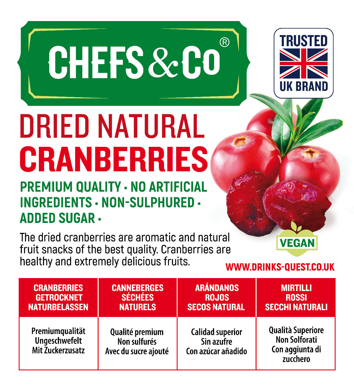 CHEFS & CO Dried Cranberries - Sweetened with Added Sugar