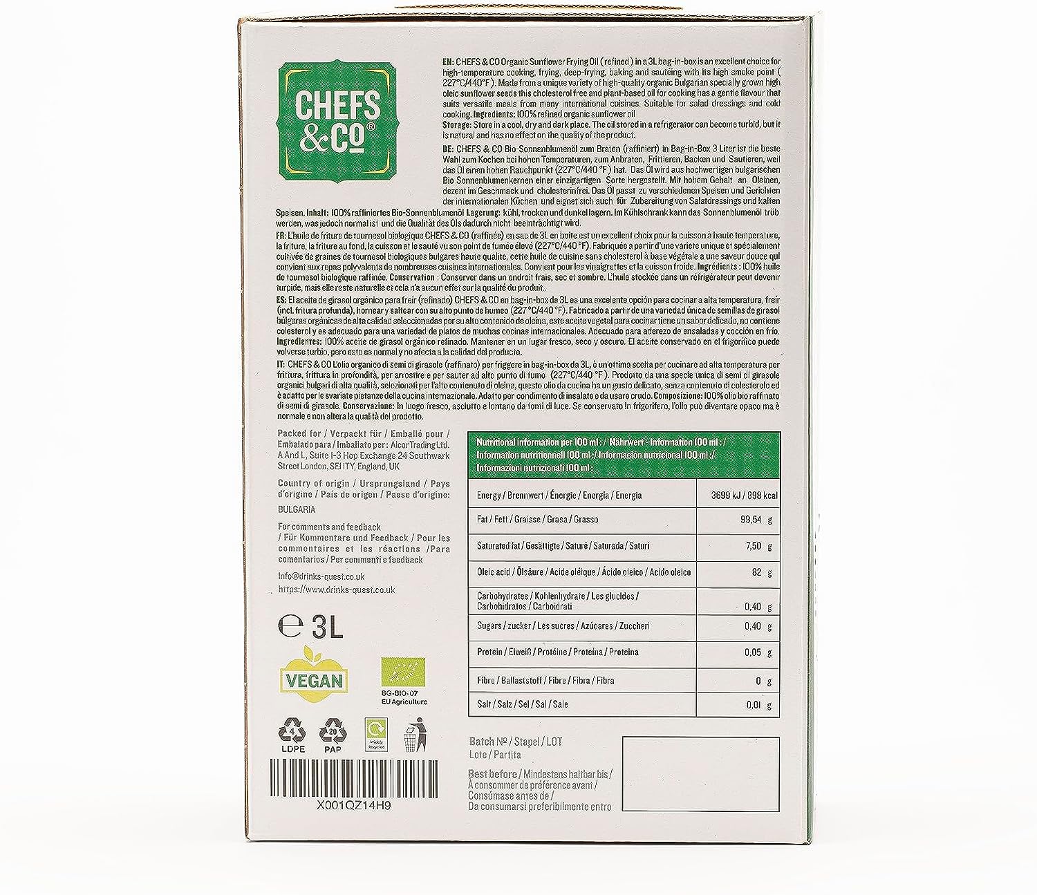 CHEFS & CO Organic Sunflower Frying Oil - Refined