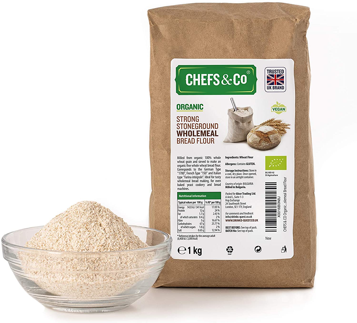 CHEFS & CO Organic Wholemeal Bread Flour, Strong, Stoneground, 1 Kg